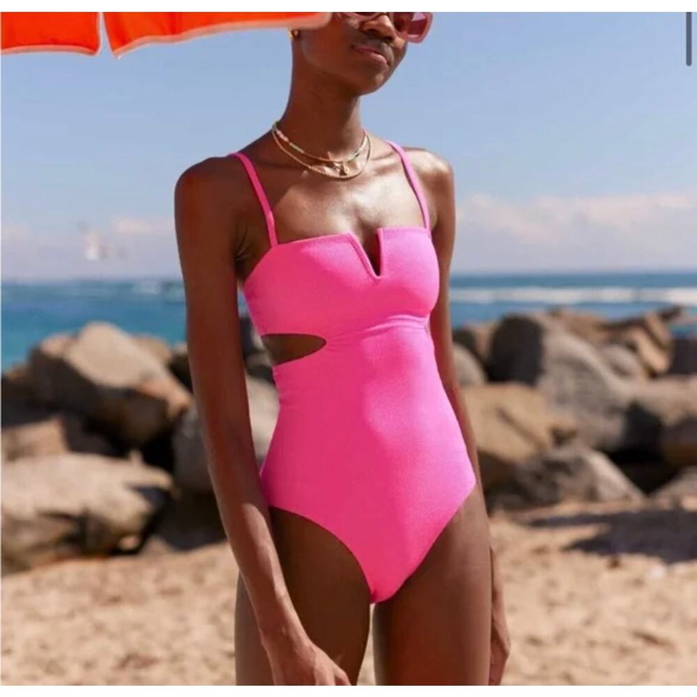 Aerie Shine Pique V Wire Cut Out One Piece Swimsuit S/P Bright Pink Resort Beach
